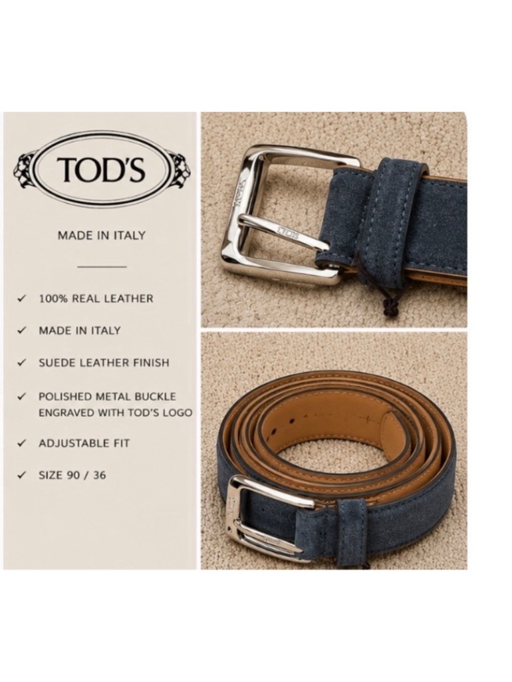Women's Tod's Suede Leather Belt, Size 90cm/36in Blue and Silver New!
